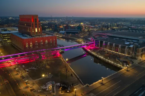 Aerial view of downtown Lansing and the Lansing River Trail