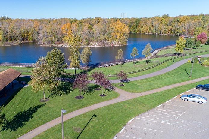 Aerial view of the Hawk Island parking log