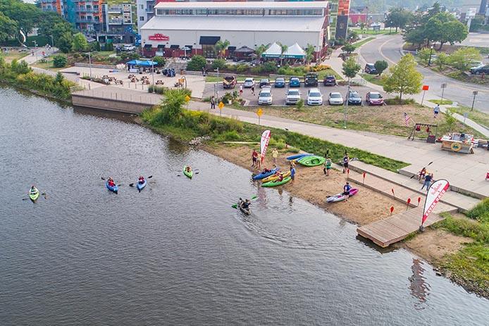 People kayaking on the Grand River